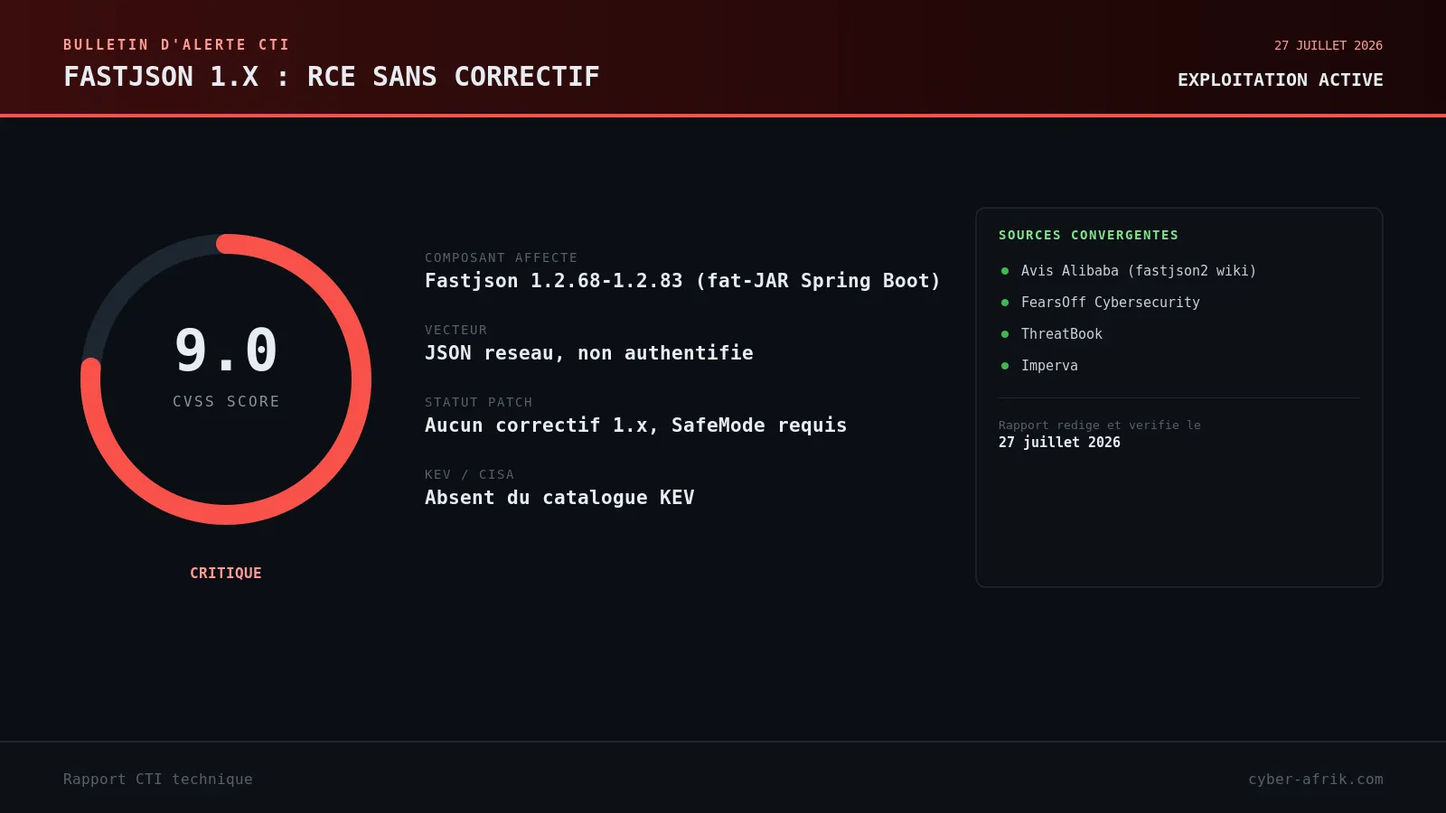 CVE-2026-16723 : RCE non authentifiée sur Fastjson 1.x dans les fat-JAR Spring Boot, sans correctif disponible