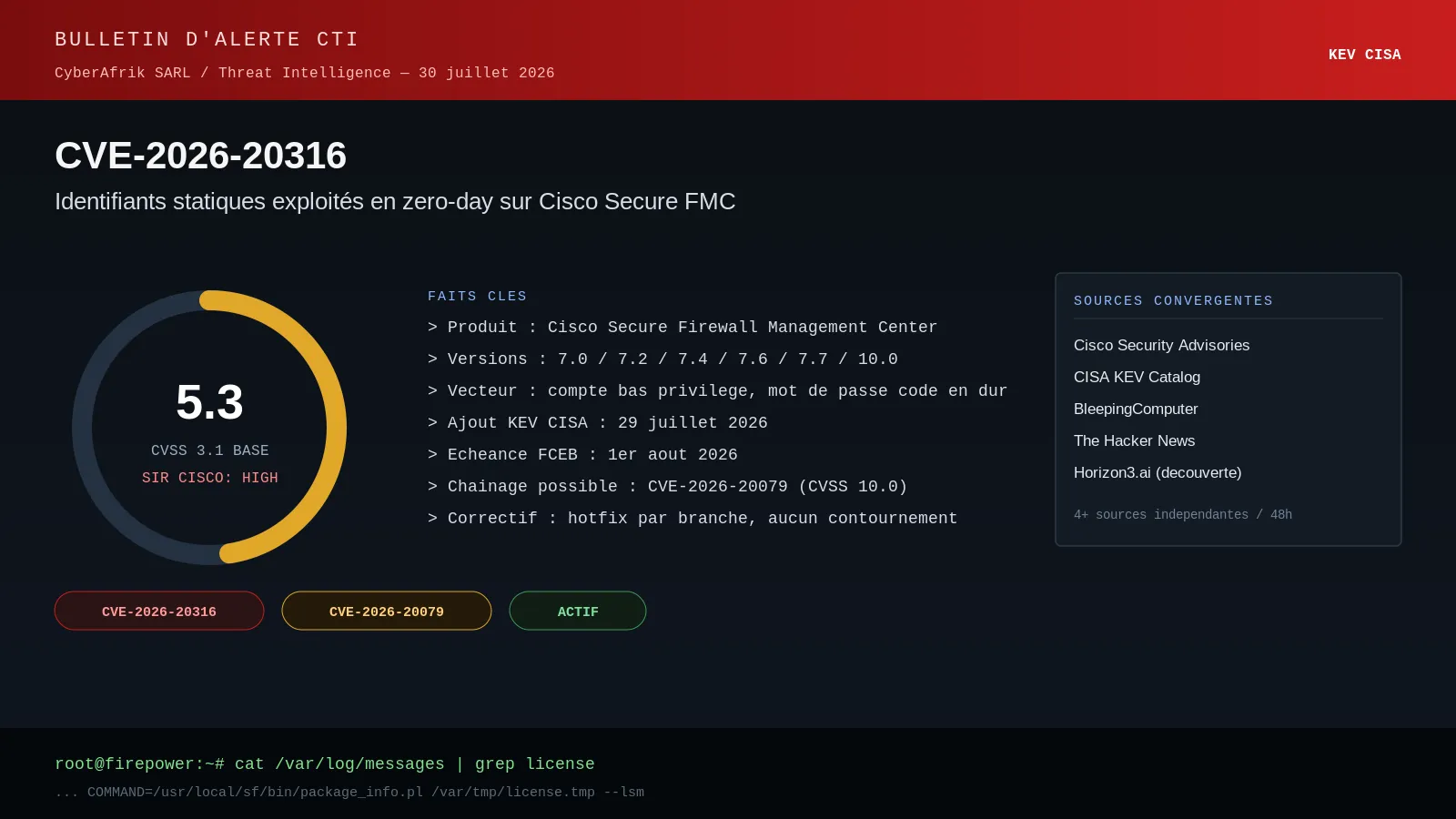 CVE-2026-20316 : des identifiants statiques ouvrent la porte du Cisco Secure FMC en zero-day
