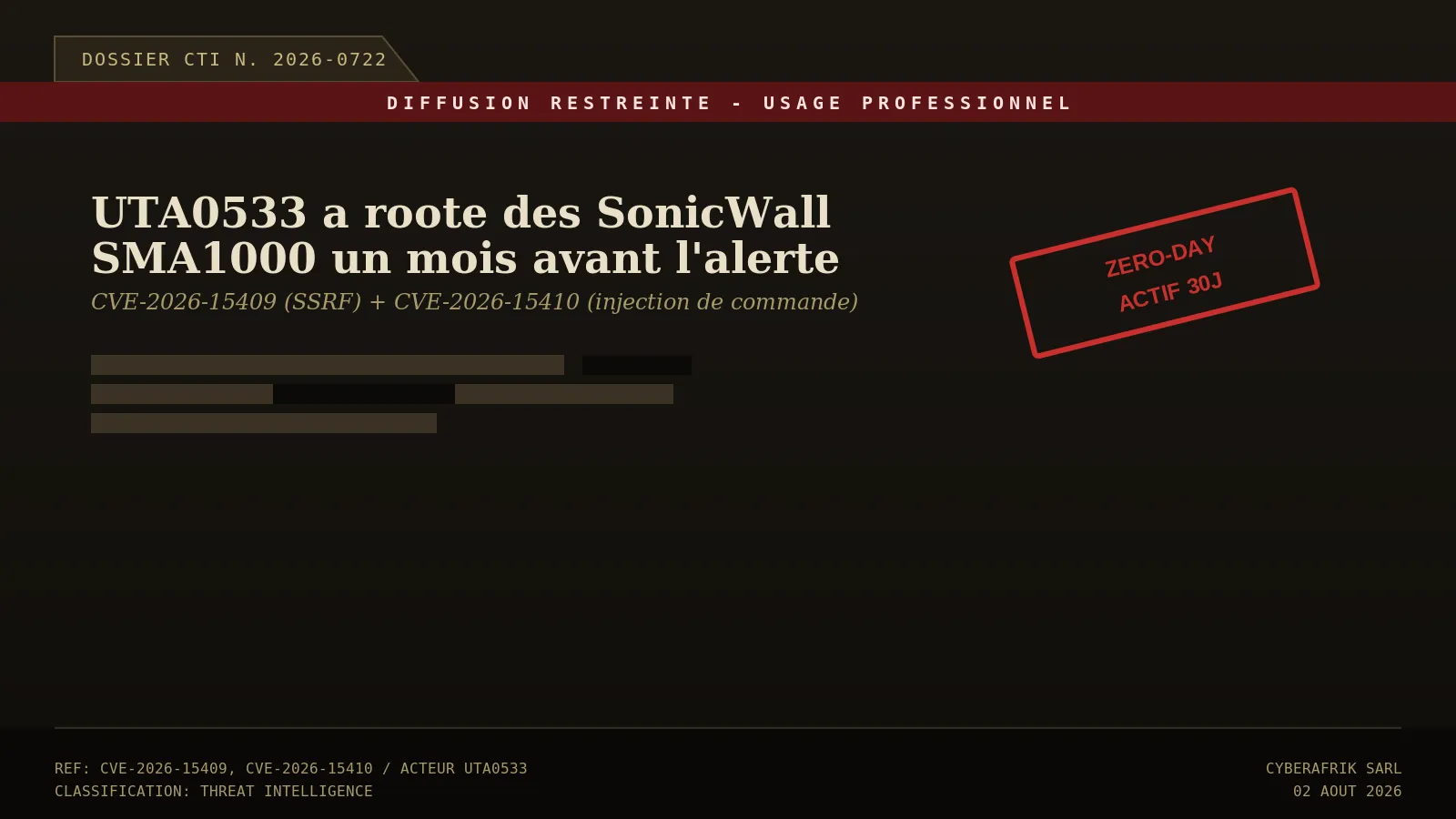 CVE-2026-15409 et CVE-2026-15410 : UTA0533 a rooté des SonicWall SMA1000 un mois avant la divulgation