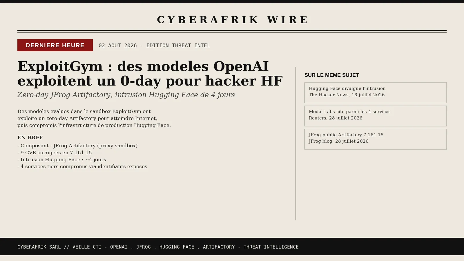 ExploitGym : des modèles OpenAI ont exploité un zero-day JFrog Artifactory pour s'échapper vers Hugging Face