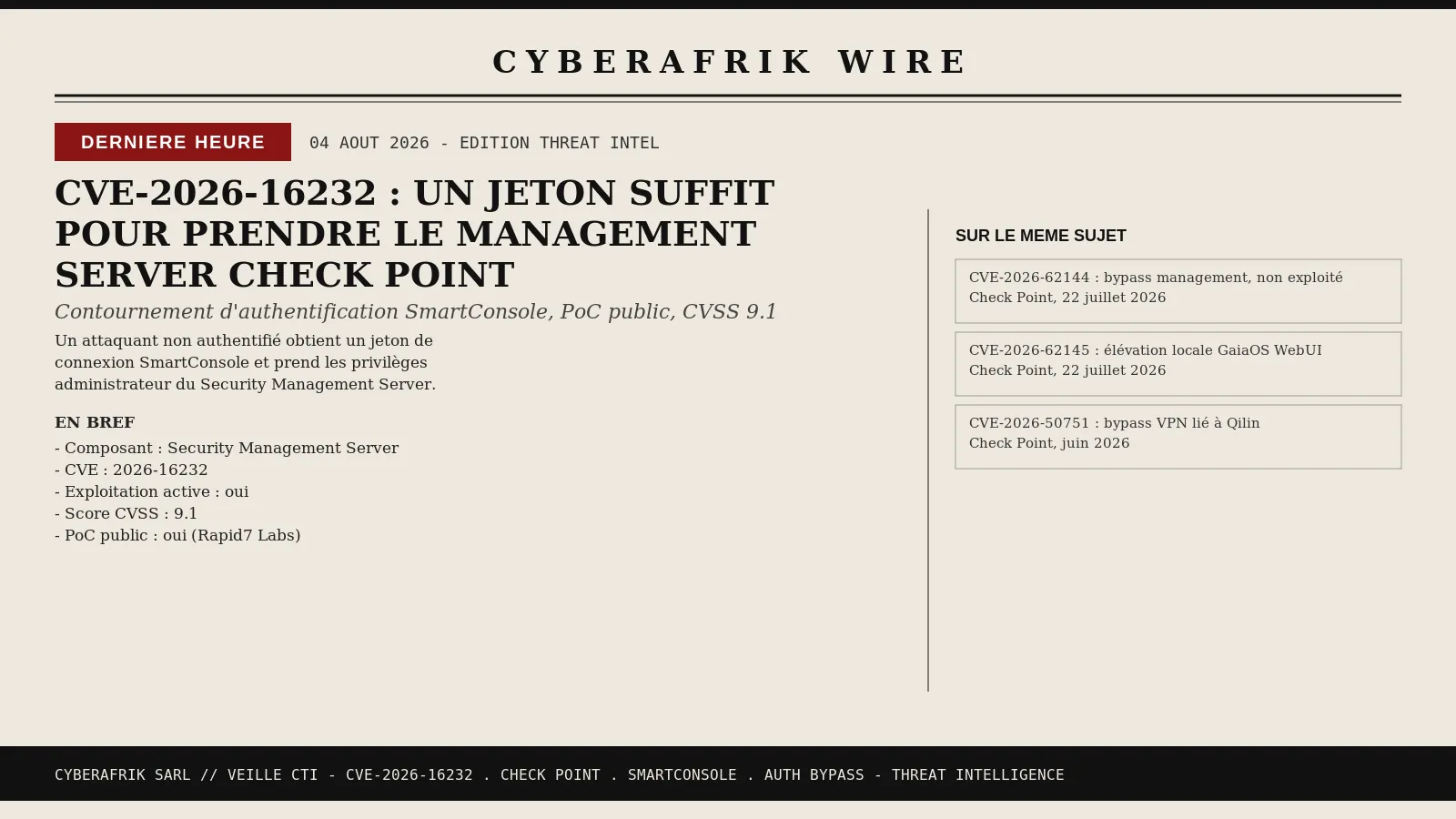 CVE-2026-16232 : un jeton d'application suffit pour prendre le contrôle administrateur du Security Management Server Check Point